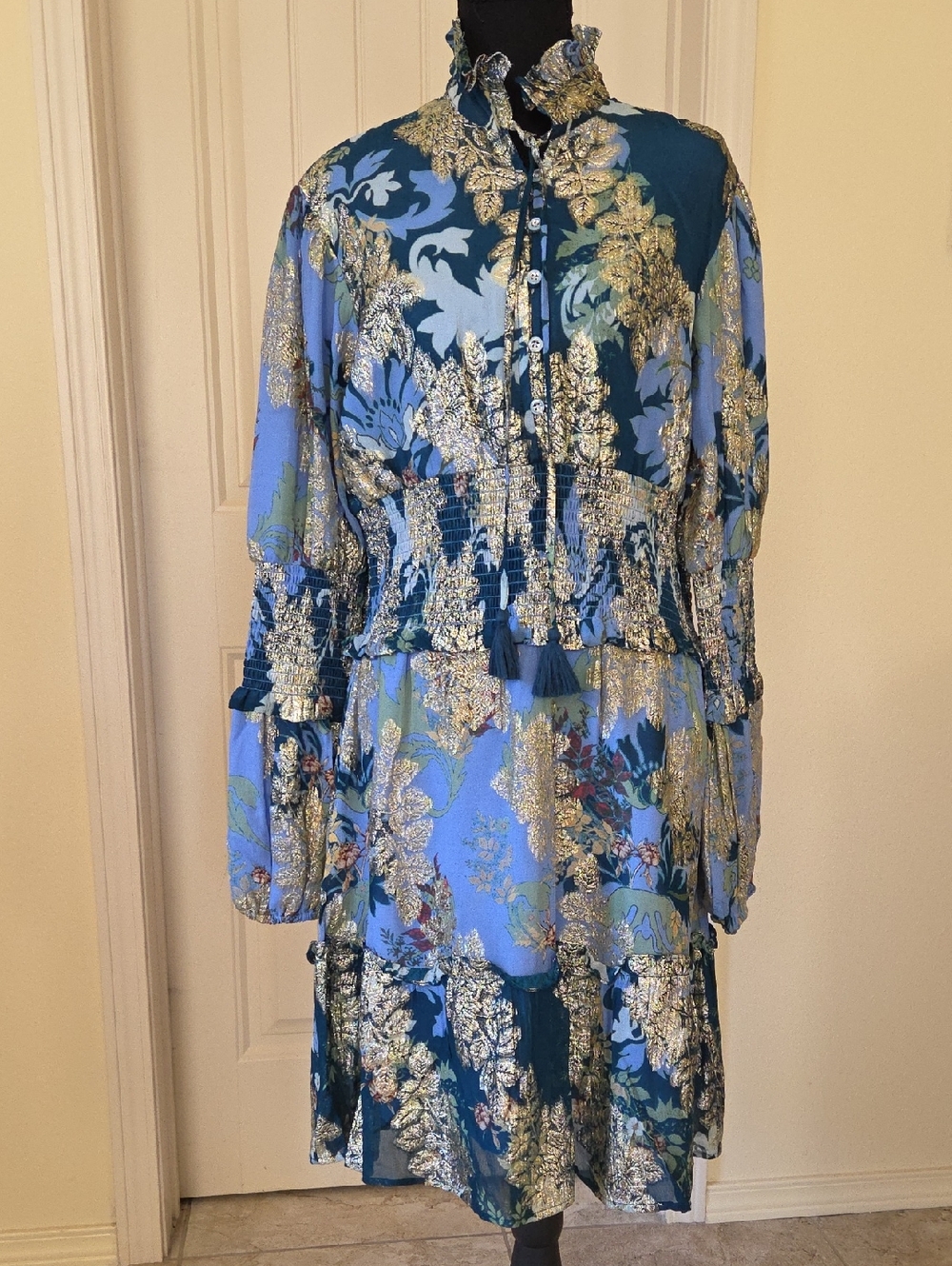 La Bellina by Fuori Boho Blue/Gold Metallic Mini Dress, Size XL